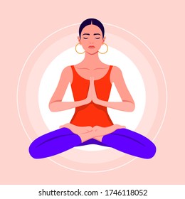 A young woman sits in a lotus position and meditates. Hispanic girl practices yoga and levitates. Vector flat illustration