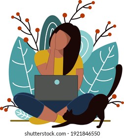 A young woman sits in a lotus position with a laptop and a cat against a background of natural motives. Freelance, online training. Quarantine, self-isolation.