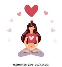 A young woman sits in a lotus position and meditation with love. Happy Valentine's Day. Female smile. Love is in the air.