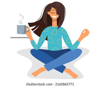 A young woman sits in a lotus position and practices yoga on a white background. Cheerful brunette meditates while drinking coffee at home. Vector cartoon flat design. Modern template for yoga day.