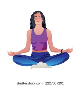 Young woman sits in the lotus position. A female character is meditating with her eyes closed. Vector illustration isolated on a white background.