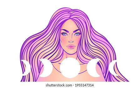 Young woman sits in lotus yoga position. Triple moon and stars inside girl. Free mind concept. Vector illustration of meditation, self care or mindfulness.