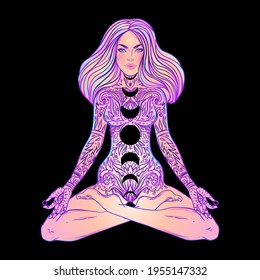 Young woman sits in lotus yoga position. Triple moon and stars inside girl. Free mind concept. Vector illustration of meditation, self care or mindfulness.