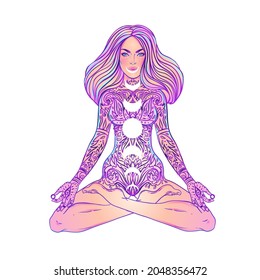 Young woman sits in lotus yoga position. Triple moon and stars inside girl. Free mind concept. Vector illustration of meditation, self care or mindfulness.