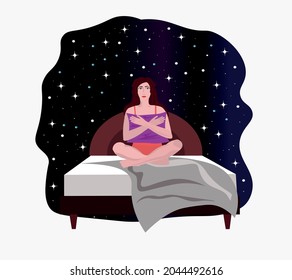 Young woman sits on a bed, putting her legs under her and hugging her pillow. Female character drawn on a background of starry sky. The concept of insomnia. Color vector illustration.