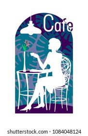 Young woman sits on chair in cafe with cup of coffee and with flower of Strelitzia in vase, on an ornamental background and under light of lamp. Color Vector illustration, white silhouette, isolated.