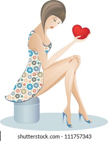 Young woman sits on the chair and looks at the heart. Vector illustration