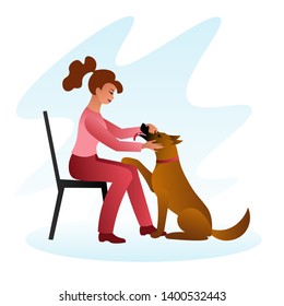 A young woman sits on a chair and strokes a big kind dog sitting at her feet. The girl strokes the face of a pet, a red-headed Belgian Shepherd dog Malinois. Template flat vector illustration.
