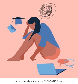 Young woman sits on the floor, clutching her head. Professional burnout, dismissal, failure of exams. Confused thoughts, girl fired. Person is tired, needs help and support. Desperation vector concept