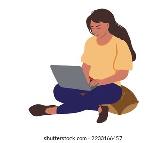 
A young woman sits on the floor on a pillow with a laptop and reads, looks through documents, pays bills and reads a letter. Flat vector illustration.