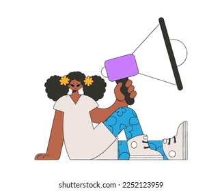 A young woman sits on the floor and holds a megaphone in her hand.