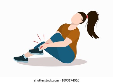 eine junge Frau sitzt auf dem Boden und hält sich an ihrem schmerzenden Bein. Illustration zum Thema Beinverletzung und Verletzungen beim Laufen und Sport