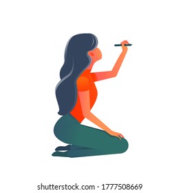 A young woman sits on her lap and writes with a pencil on a vertical surface. Vector illustration, cartoon design, isolated on white background, eps 10.