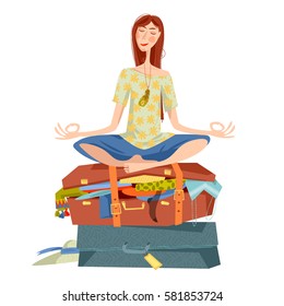 Young woman sits on overflowed suitcase in a yoga lotus pose and meditates. Preparing for journey. Travel concept. Vector illustration.