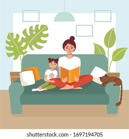 A young woman sits on a sofa and reads a book to her daughter. The concept of home activity with children, the prevention of coronavirus, covid-19, the love of reading books. Flat vector illustration