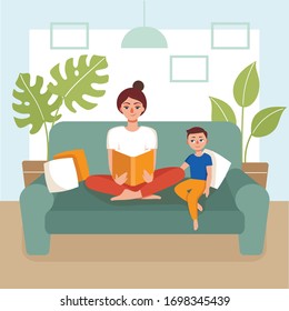 A young woman sits on a sofa and reads a book to her son. A concept of home activity with children, prevention of coronavirus, covid-19, a love of reading books. Flat vector cartoon illustration.