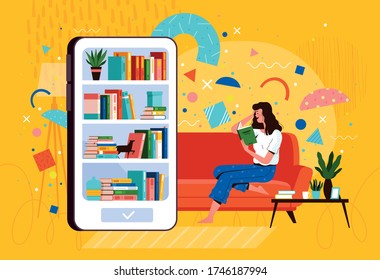 Young woman sits on a sofa and reads a book from a mobile library on the phone. E-book reader and distance learning concept