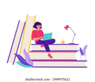 Mujer joven sentada en un montón de libros con una laptop. Concepto de e-learning remoto desde casa. Niña estudiante trabajando en la computadora. Cursos web, tutoriales, educación. Biblioteca en línea. Ilustración del vector