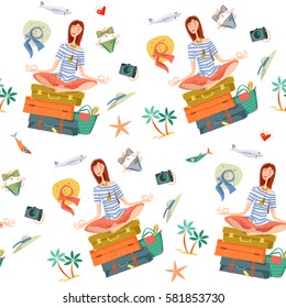 Young woman sits on a stack of suitcases in a yoga lotus pose and meditates. Travel concept. Seamless background pattern. Vector illustration.