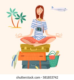 Young Woman Sits On A Stack Of Suitcases In A Yoga Lotus Pose And Meditates. Travel Concept. Vector Illustration.