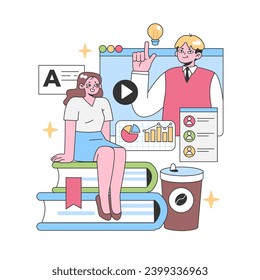 Young woman sits on stacks of books, attentively watching an online tutorial presented by a professional educator. Vibrant learning environment showcasing digital education tools. Flat vector