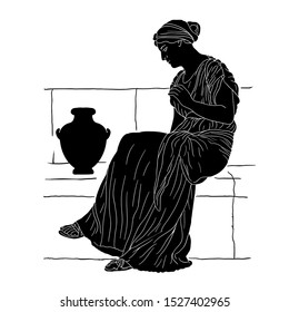 A young woman sits on a stone parapet with jugs. Vector image isolated on white background.