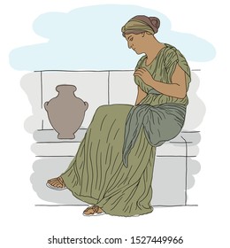 A young woman sits on a stone parapet with jugs. Vector image isolated on white background.