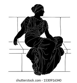 A young woman sits on a stone parapet. Vector image isolated on white background.