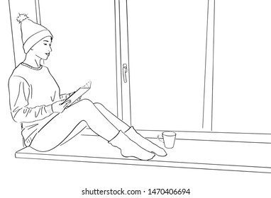 Young woman sits on windowsill with cup of coffee and read book. Lagom and hygge concept. Cozy Scandinavian lifestyle scene. Female silhouette in sweater and hat. Black lines drawing. Vector contour.