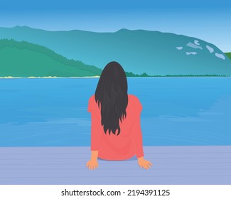 A young woman sits on a wooden veranda by the river sitting happily looking at the beautiful mountains and sky. Nature concept vector illustration giving happiness to life.