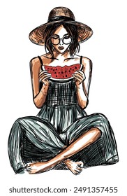 young woman sits outdoor with slice of watermelon isolated on white background hand drawn digital sketch style summer illustration in wide-brimmed straw hat striped dress