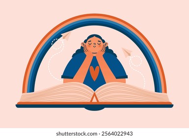 Young woman sits over an open book and a rainbow hangs over her. Dreaming with book, inspiration, imagination concept. Cartoon female person, bookworm reading big book. Cute illustration to Book Day.