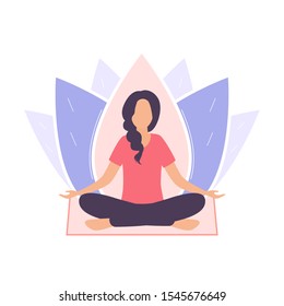 A young woman sits in a padmasana pose and meditates. A girl on a background of a lotus flower sits on a yoga mat, legs crossed. Flat vector illustration isolated on white background.