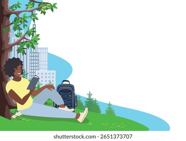 Jovem senta-se no parque debaixo de uma árvore e lê com entusiasmo um livro interessante. Estudar e ler ficção. Ilustração vetorial em um fundo branco.