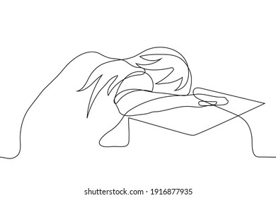 young woman sits at a table face down. one line drawing of a tired female student with long hair fell asleep right at the table.