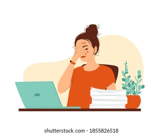 Young woman sits at a table with a laptop and a pile of documents. Hand covers the face. Concept of a very busy job, a lot of work, deadline, burnout, emotional exhaustion.Isolated vector illustration