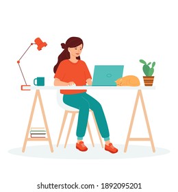 Young woman sits at a table with a laptop. Distance learning concept, e-learning, remote work from home, freelance, courses. Student learns using a computer. Isolated cartoon vector illustration