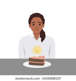 Young woman sits at table with piece cake with candle and suffers from absence of relatives and friends. Unhappy mother celebrates birthday alone in need of support. Flat vector