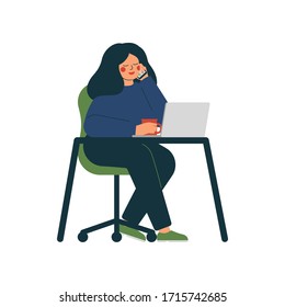 Young woman sits at the table and talks phone. Girl works on laptop computer at home or office. Vector illustration in flat style.