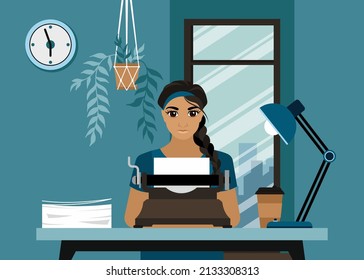 A young woman sits at a table and types a future book on a typewriter. The writer is working. Writer's block concept. Flat cartoon vector illustration.