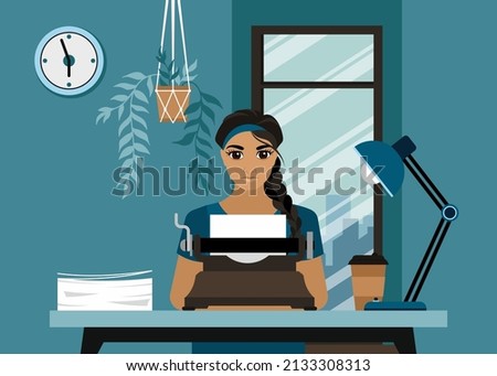 A young woman sits at a table and types a future book on a typewriter. The writer is working. Writer's block concept. Flat cartoon vector illustration.
