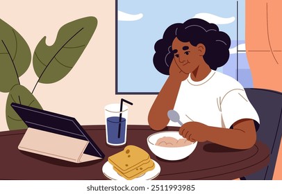 Young woman sits at the table, watches movie, videos with tablet during eating food. Black girl uses device to surf internet while breakfast, lunch. Meal with social networks. Flat vector illustration