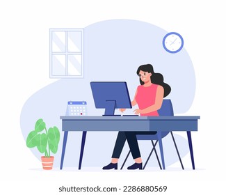 Young woman sits at a table and working on the computer concept of Distance learning concept, e-learning, remote work from home.