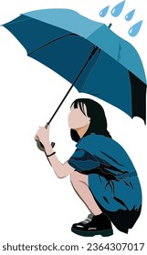 A young woman sits with an umbrella in the rain, posing for a youthful photo.