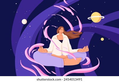 Young woman sits in yoga asana. Girl soaring in lotus pose in space. Person practices spiritual exercises, enlightenment in galaxy. Nirvana, solitude, harmony, zen concept. Flat vector illustration.