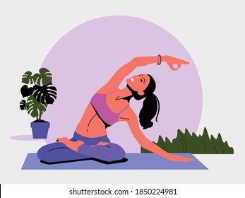 Young woman sits in a Yoga Pose and meditates. The girl doing the stretching exercises at home. 
Physical practice. Vector flat illustration.