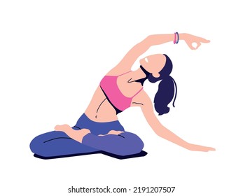Young woman sits in a Yoga Pose and meditates. The girl doing the stretching exercises. 
Physical practice. Vector flat illustration.	
