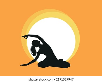 Young woman sits in a Yoga Pose and meditates. The girl doing the stretching exercises. 
Physical practice. Vector flat illustration.	
