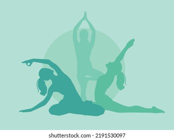 Young woman sits in a Yoga Pose and meditates. The girl doing the stretching exercises. 
Physical practice. Vector flat illustration.	
