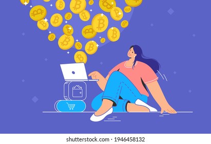 Joven sentada sola y comprando o vendiendo bitcoins en una laptop. Concepto moderno plano ilustrativo vectorial de las personas que compran y venden criptomonedas y criptomonedas mineras en el mercado creciente